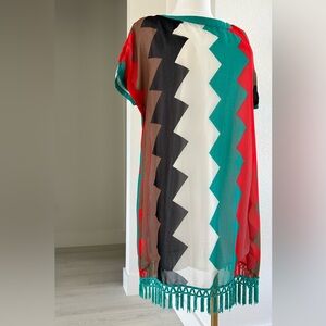 OB2-12 Southwest Colors Sheer Modern Geometric Fringe Shift Tunic Dress Womens M